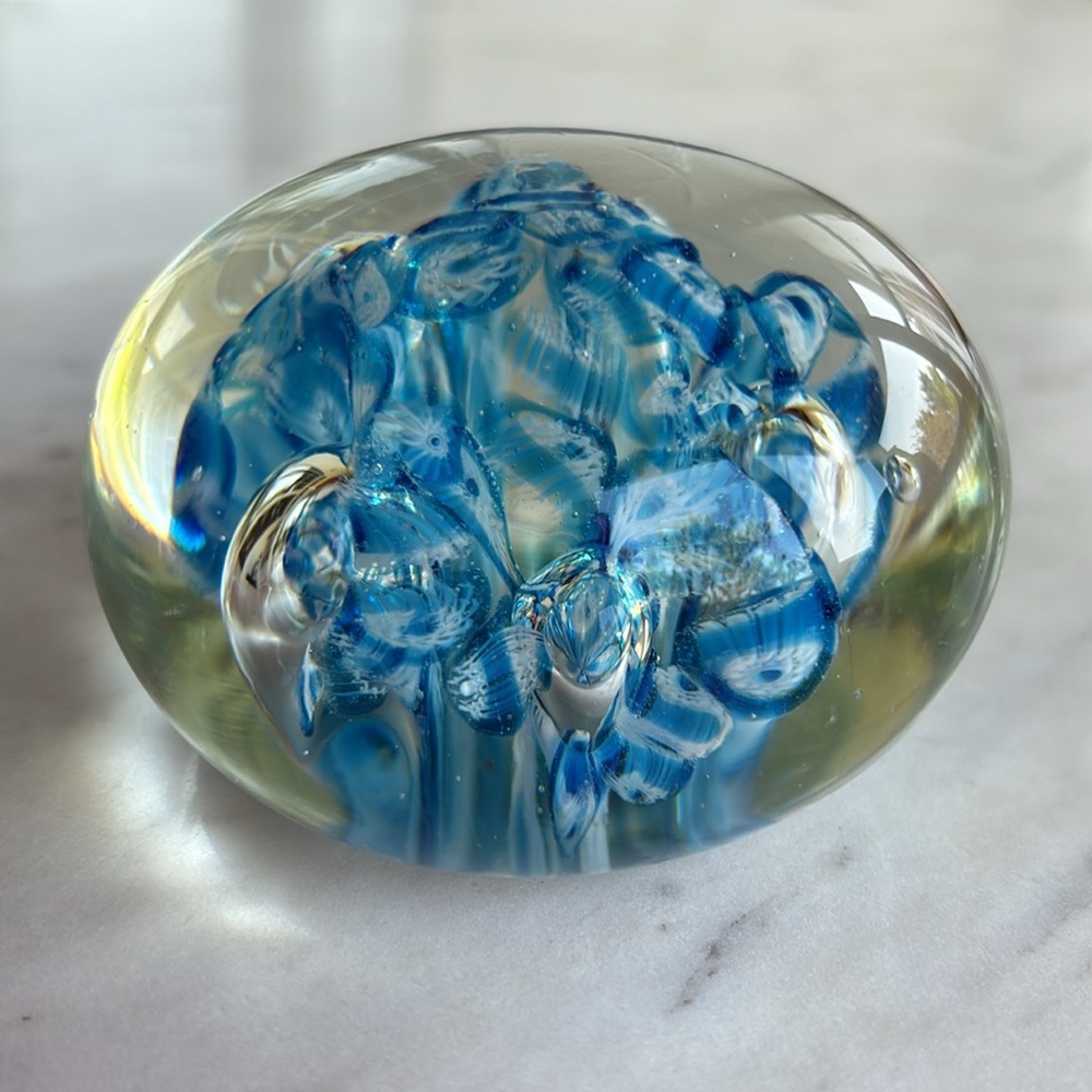 Hand Blown Glass Round Paperweight Art Glass Flowers Bubbles Turquoise Blue